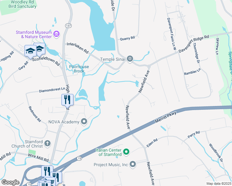 map of restaurants, bars, coffee shops, grocery stores, and more near 185 Interlaken Road in Stamford