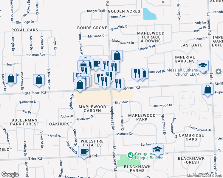 map of restaurants, bars, coffee shops, grocery stores, and more near Maplecrest Rd & Stellhorn Rd in Fort Wayne
