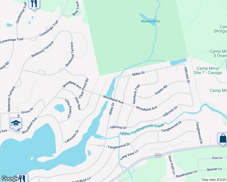 map of restaurants, bars, coffee shops, grocery stores, and more near 377 Miller Drive in Pocono Pines
