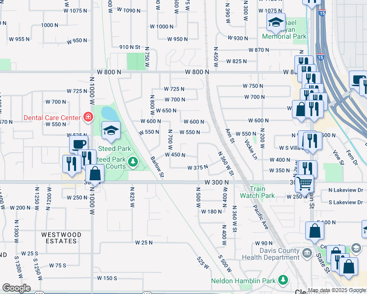 map of restaurants, bars, coffee shops, grocery stores, and more near 597 West 475 North in Clearfield