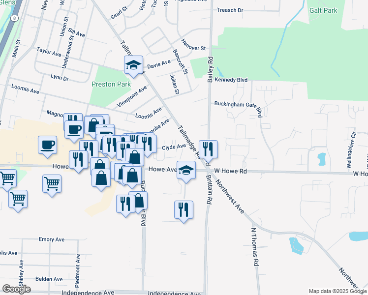 map of restaurants, bars, coffee shops, grocery stores, and more near 1132 Clyde Avenue in Cuyahoga Falls