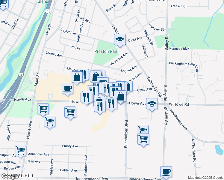 map of restaurants, bars, coffee shops, grocery stores, and more near 702 Edward Avenue in Cuyahoga Falls