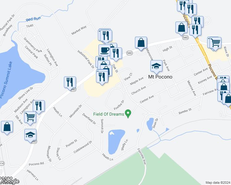 map of restaurants, bars, coffee shops, grocery stores, and more near 115 Foxfire Drive in Mount Pocono