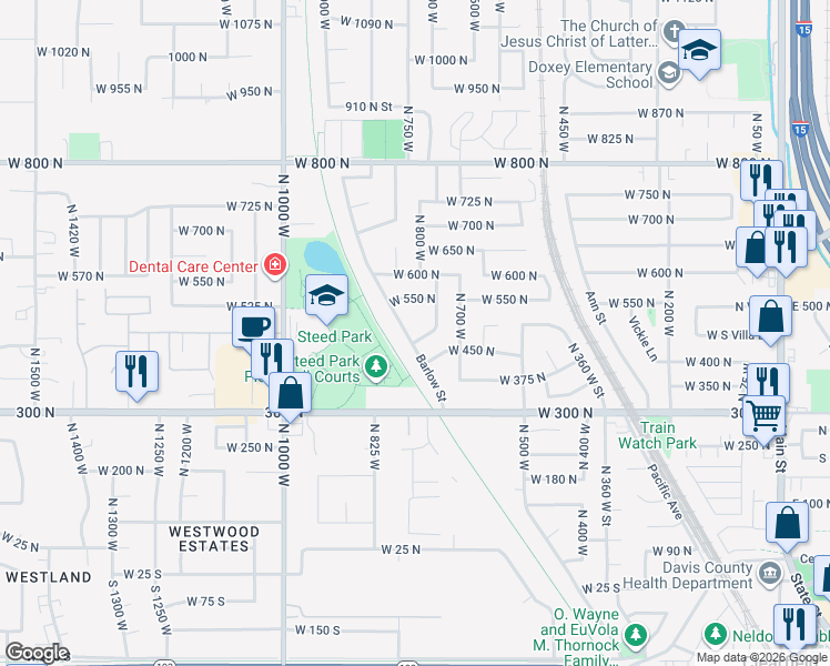 map of restaurants, bars, coffee shops, grocery stores, and more near 518 North 725 West in Clearfield