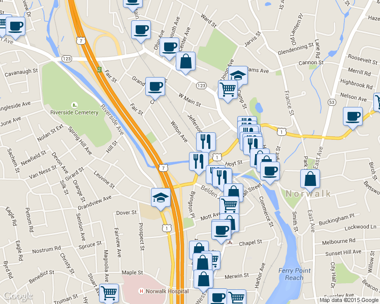 map of restaurants, bars, coffee shops, grocery stores, and more near 16 Wilton Avenue in Norwalk