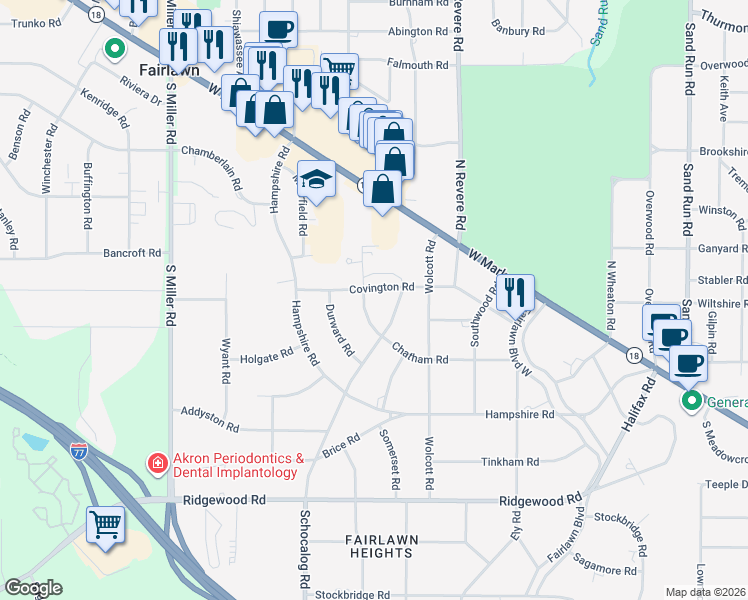 map of restaurants, bars, coffee shops, grocery stores, and more near 2405 Covington Road in Akron