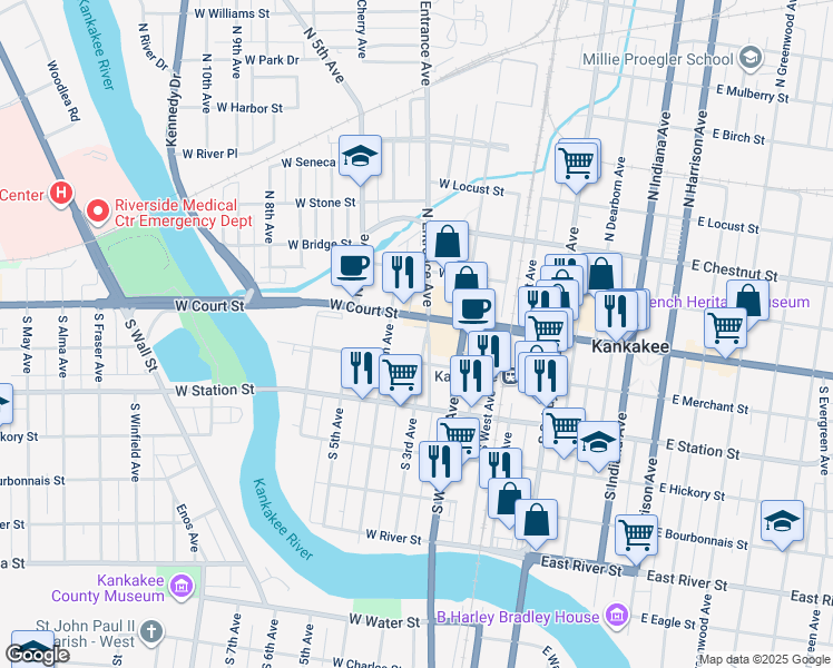 map of restaurants, bars, coffee shops, grocery stores, and more near 355 West Court Street in Kankakee