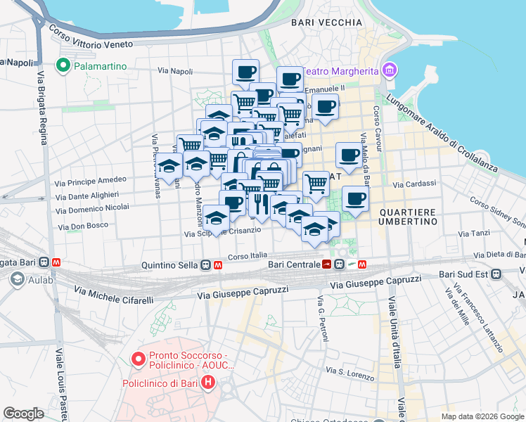 map of restaurants, bars, coffee shops, grocery stores, and more near 183 Via Quintino Sella in Bari