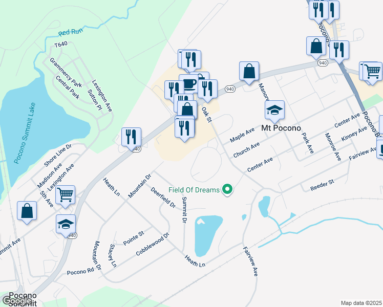 map of restaurants, bars, coffee shops, grocery stores, and more near 130 Foxfire Drive in Mount Pocono