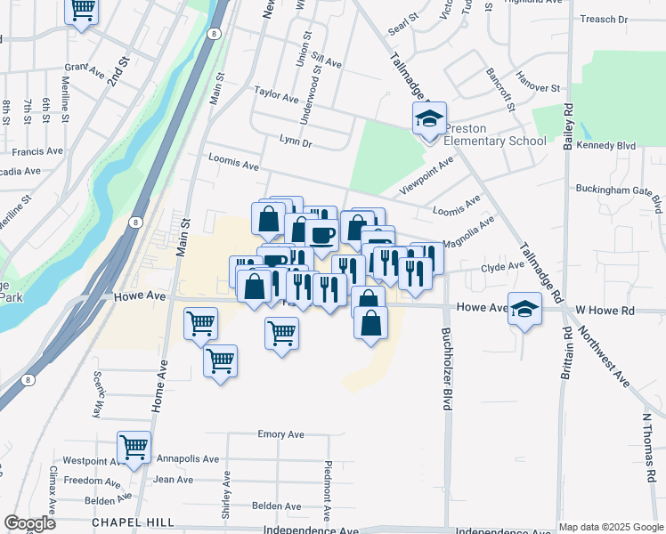 map of restaurants, bars, coffee shops, grocery stores, and more near 449 Howe Avenue in Cuyahoga Falls