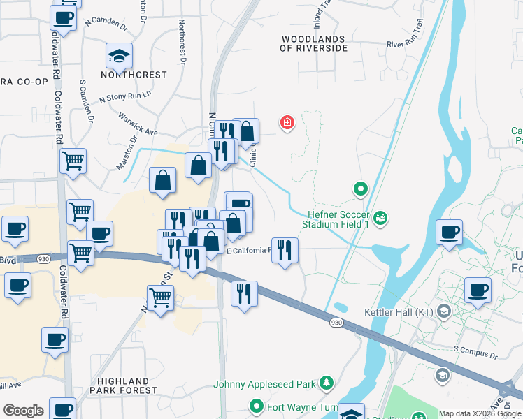 map of restaurants, bars, coffee shops, grocery stores, and more near 4931 Fairington Drive in Fort Wayne