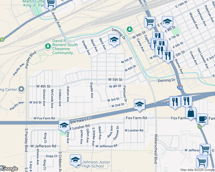 map of restaurants, bars, coffee shops, grocery stores, and more near 701 West 5th Street in Cheyenne