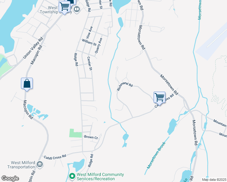 map of restaurants, bars, coffee shops, grocery stores, and more near 5313 Richmond Road in West Milford