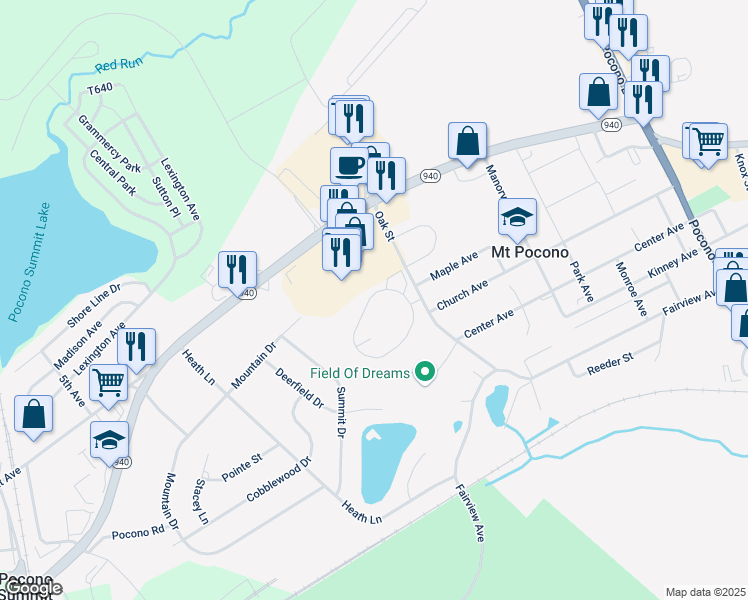 map of restaurants, bars, coffee shops, grocery stores, and more near 3236 Pennsylvania 940 in Mount Pocono