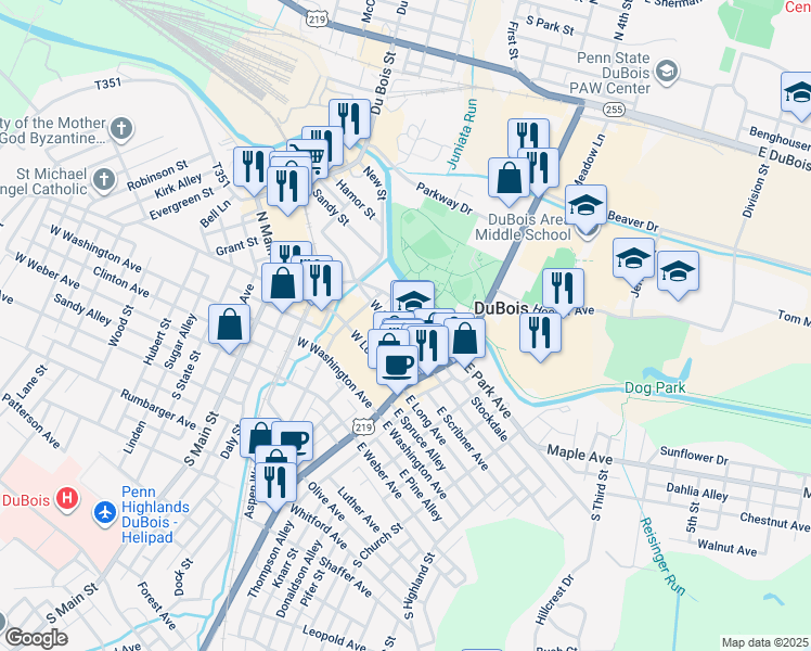 map of restaurants, bars, coffee shops, grocery stores, and more near 120 West Park Avenue in DuBois