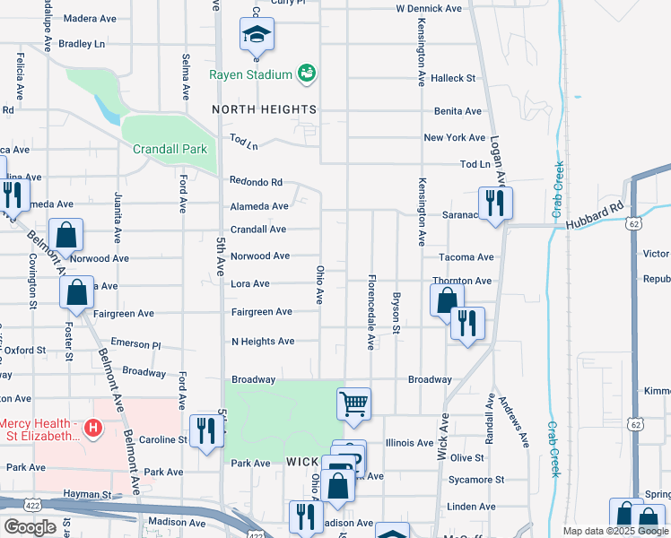 map of restaurants, bars, coffee shops, grocery stores, and more near 1530 Elm Street in Youngstown