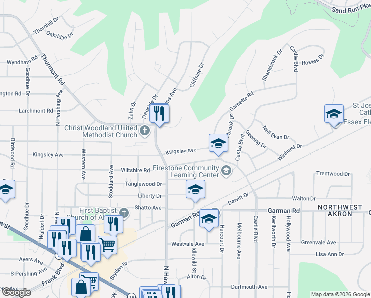 map of restaurants, bars, coffee shops, grocery stores, and more near 1577 Kingsley Avenue in Akron