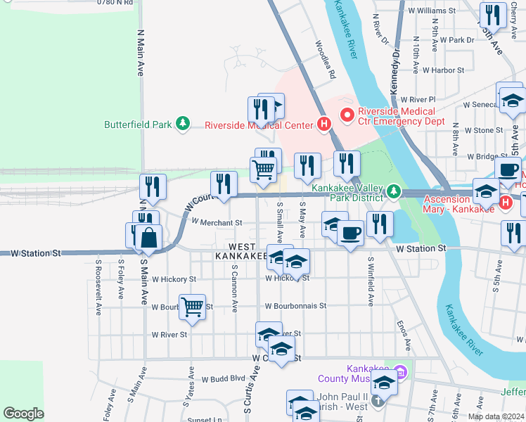 map of restaurants, bars, coffee shops, grocery stores, and more near 1550-90 West Court Street in Kankakee