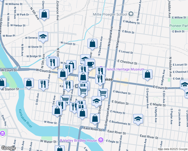 map of restaurants, bars, coffee shops, grocery stores, and more near 149-199 North Dearborn Avenue in Kankakee