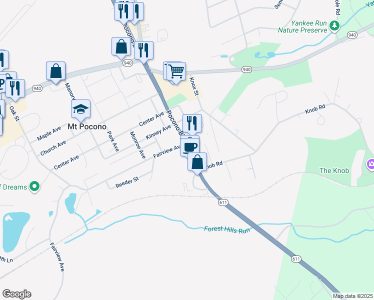 map of restaurants, bars, coffee shops, grocery stores, and more near 1412 Pocono Boulevard in Mount Pocono