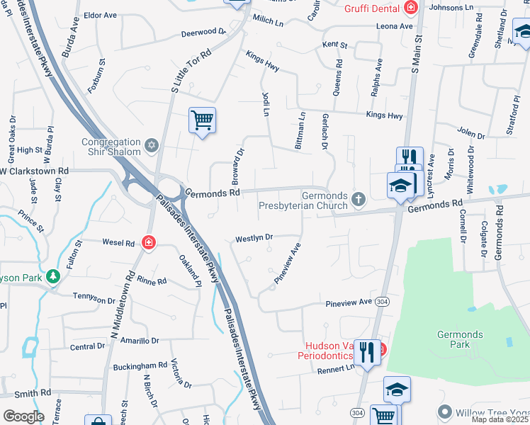 map of restaurants, bars, coffee shops, grocery stores, and more near 6 Stegmayer Lane in New City