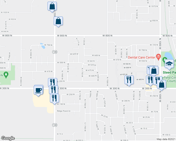 map of restaurants, bars, coffee shops, grocery stores, and more near 1702 West 475 North in West Point