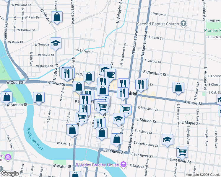 map of restaurants, bars, coffee shops, grocery stores, and more near 151 North Schuyler Avenue in Kankakee