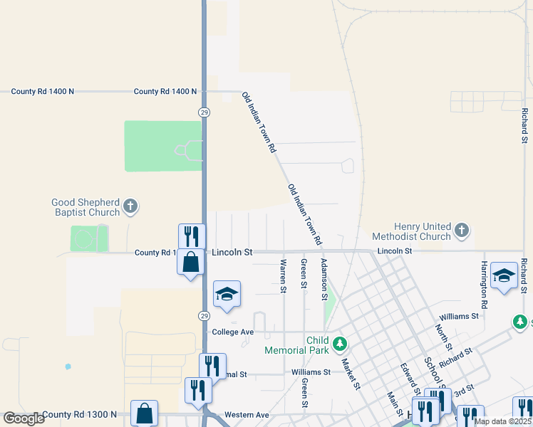map of restaurants, bars, coffee shops, grocery stores, and more near 1198 Impala Drive in Henry