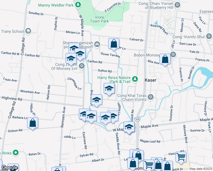 map of restaurants, bars, coffee shops, grocery stores, and more near 15 Overhill Road in Monsey