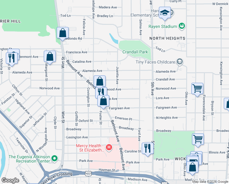 map of restaurants, bars, coffee shops, grocery stores, and more near 436 Norwood Avenue in Youngstown