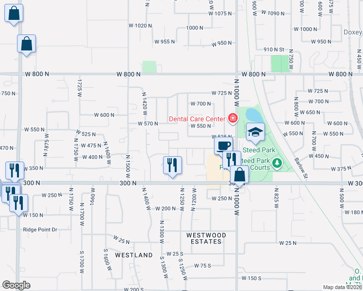 map of restaurants, bars, coffee shops, grocery stores, and more near 1260 West 450 North in Clearfield