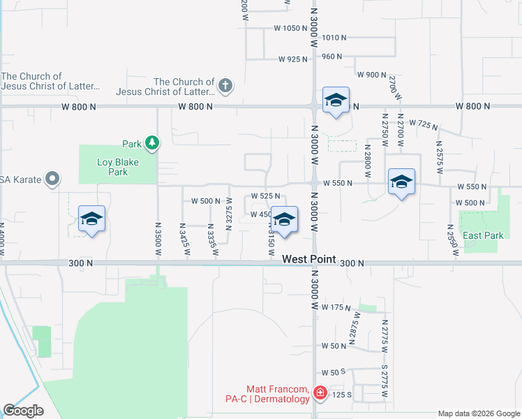 map of restaurants, bars, coffee shops, grocery stores, and more near 3182 West 450 North in West Point