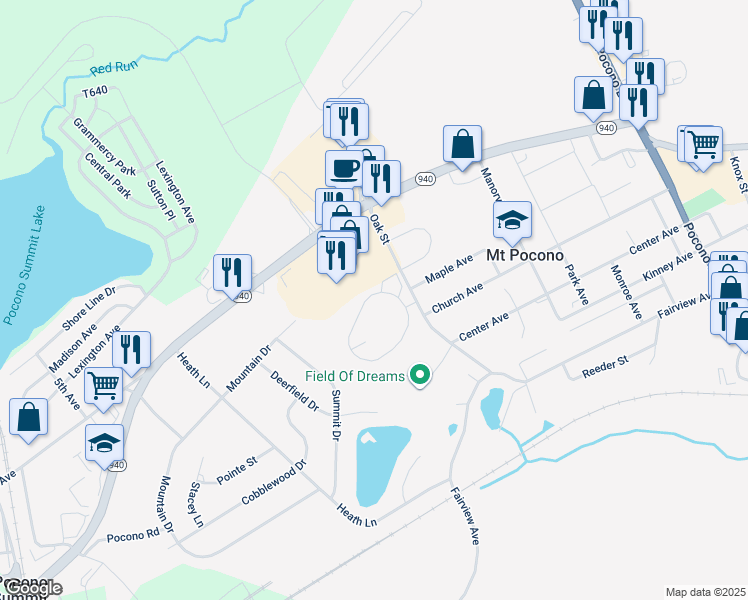 map of restaurants, bars, coffee shops, grocery stores, and more near 130 Foxfire Drive in Mount Pocono