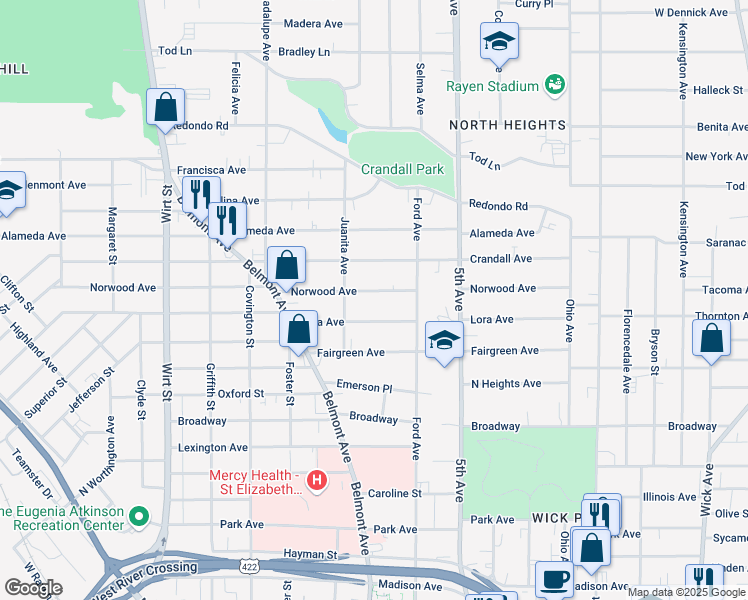 map of restaurants, bars, coffee shops, grocery stores, and more near 400 Norwood Avenue in Youngstown