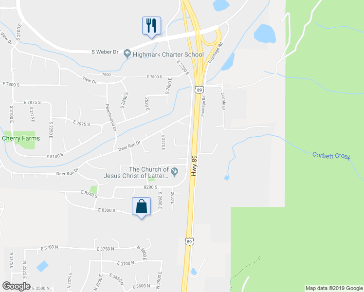 map of restaurants, bars, coffee shops, grocery stores, and more near 2681 East Sunshine Court in South Weber