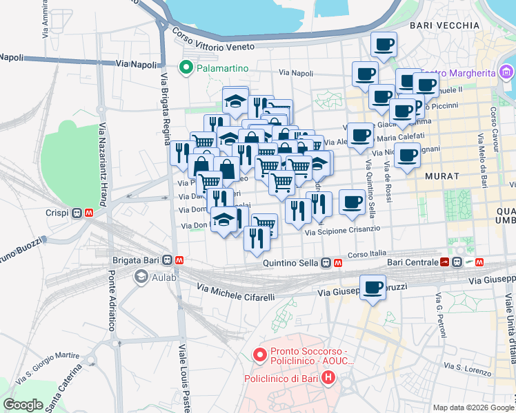 map of restaurants, bars, coffee shops, grocery stores, and more near 193 Via Scipione Crisanzio in Bari