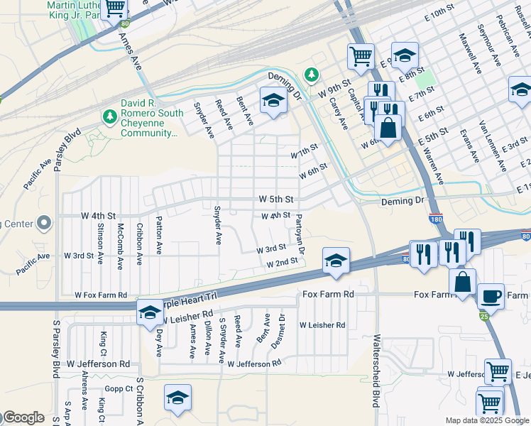 map of restaurants, bars, coffee shops, grocery stores, and more near 567 West 5th Street in Cheyenne