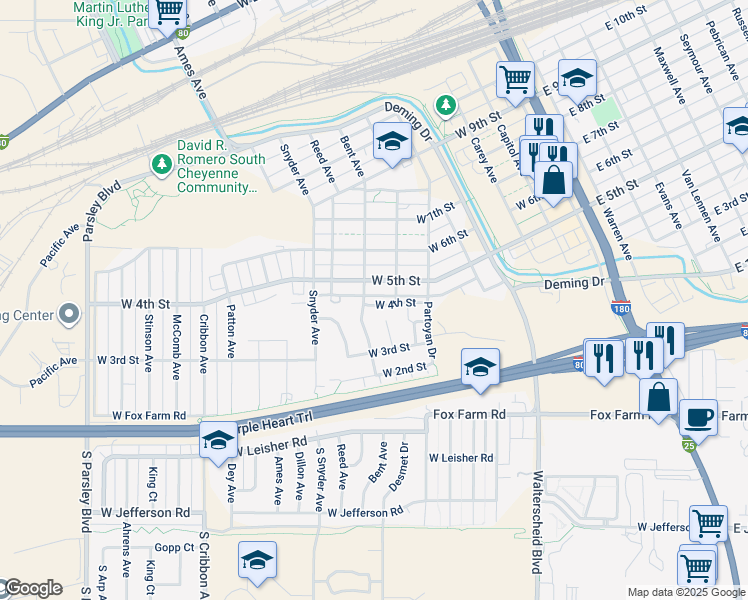 map of restaurants, bars, coffee shops, grocery stores, and more near 701 West 5th Street in Cheyenne