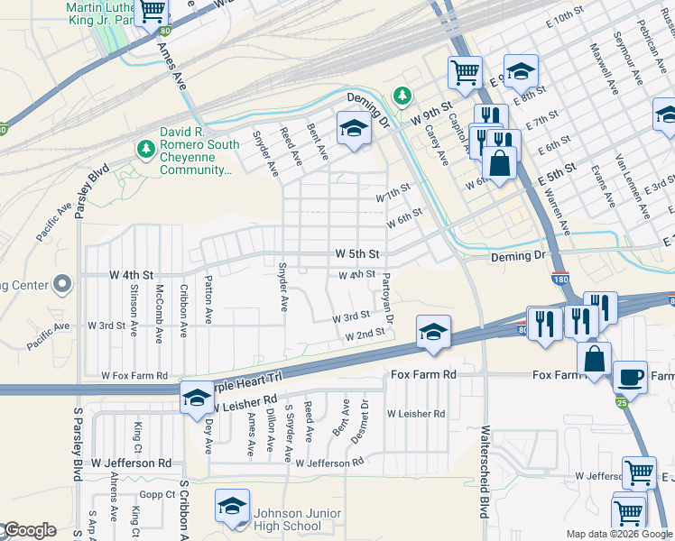map of restaurants, bars, coffee shops, grocery stores, and more near 701 West 5th Street in Cheyenne