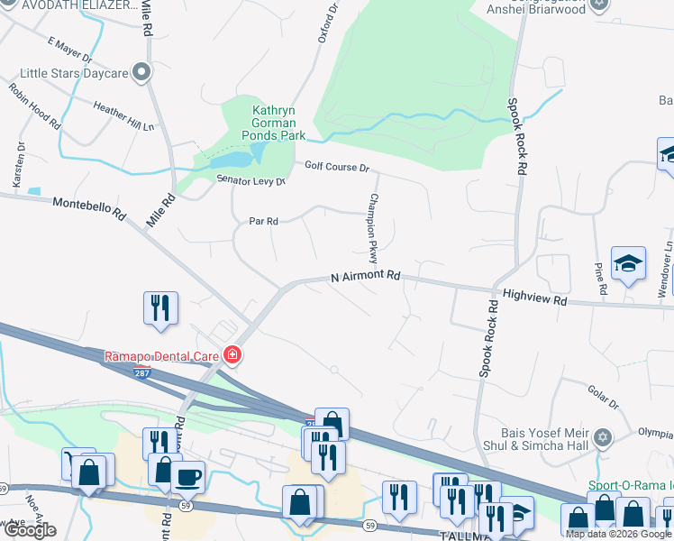 map of restaurants, bars, coffee shops, grocery stores, and more near 3 Turf Road in Suffern