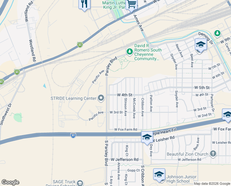 map of restaurants, bars, coffee shops, grocery stores, and more near 400 Hynds Avenue in Cheyenne