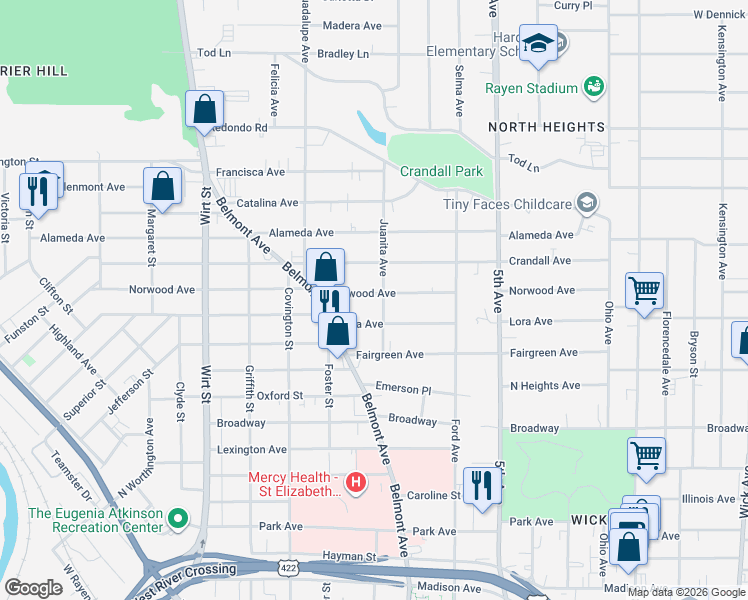 map of restaurants, bars, coffee shops, grocery stores, and more near 436 Norwood Avenue in Youngstown
