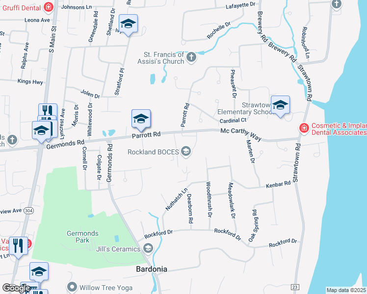 map of restaurants, bars, coffee shops, grocery stores, and more near 65 Parrott Road in West Nyack