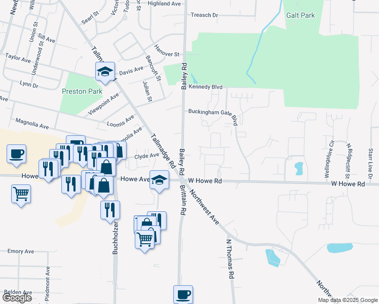 map of restaurants, bars, coffee shops, grocery stores, and more near 1261 Bailey Road in Cuyahoga Falls