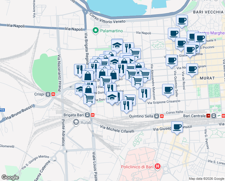 map of restaurants, bars, coffee shops, grocery stores, and more near 478 Via Dante Alighieri in Bari