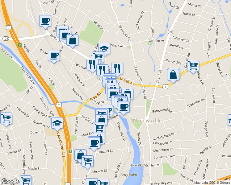 map of restaurants, bars, coffee shops, grocery stores, and more near 74 Main Street in Norwalk