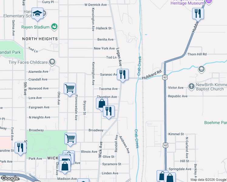 map of restaurants, bars, coffee shops, grocery stores, and more near 14 Tacoma Avenue in Youngstown