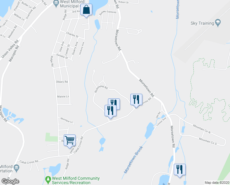 map of restaurants, bars, coffee shops, grocery stores, and more near 121 Richmond Road in West Milford