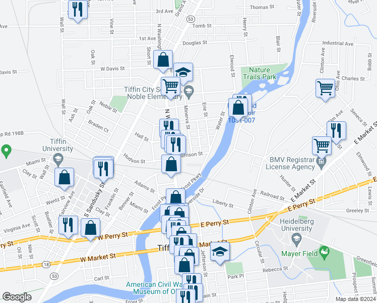 map of restaurants, bars, coffee shops, grocery stores, and more near 37 Harrison Street in Tiffin