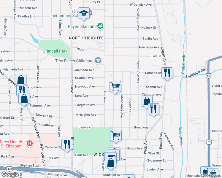 map of restaurants, bars, coffee shops, grocery stores, and more near 1530 Elm Street in Youngstown